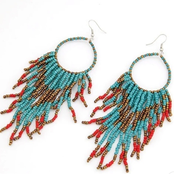 NEW Boho Ethnic Long Tassel Beaded Earrings - Picture 1 of 2